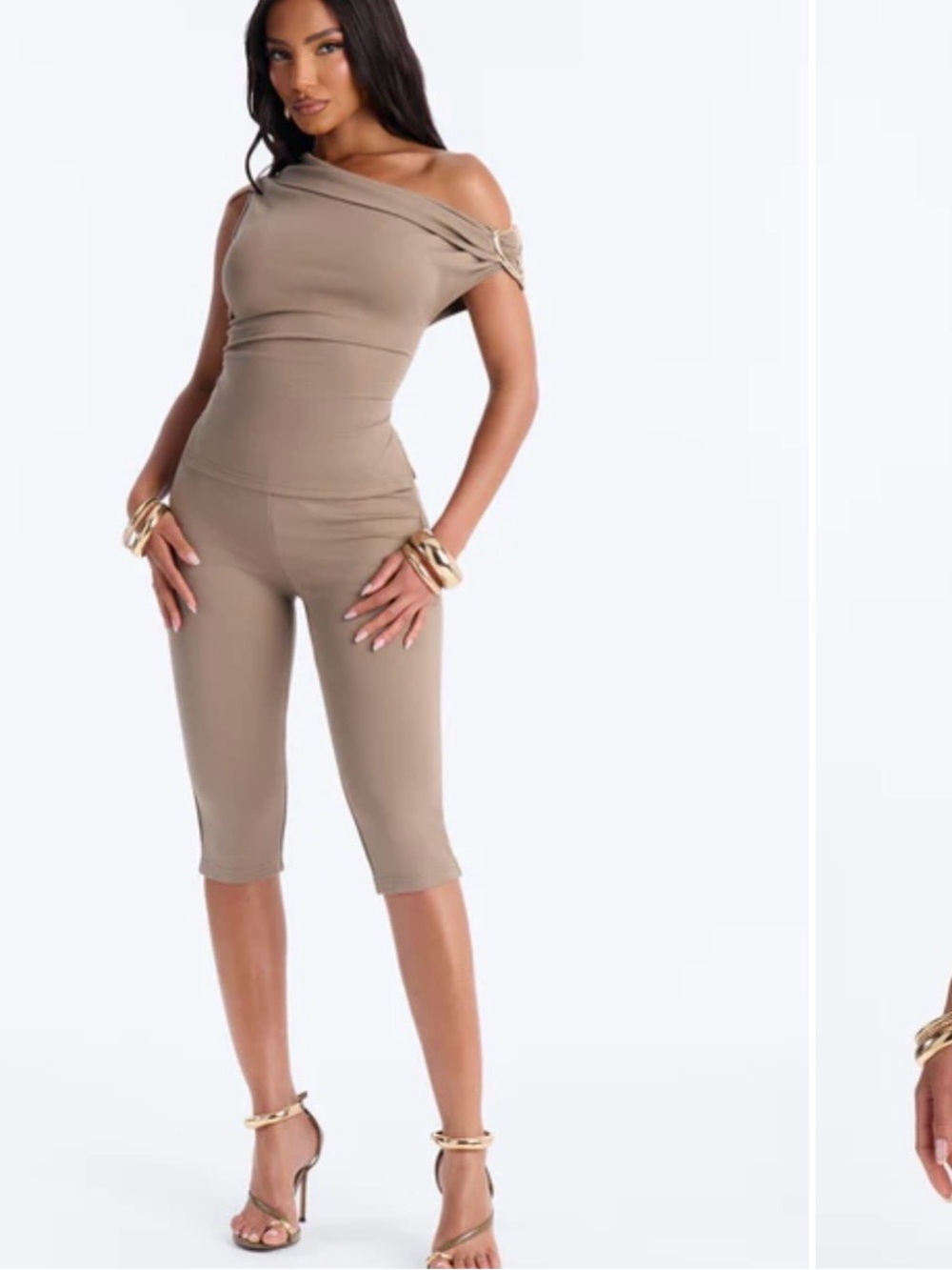 Fashion Nova Taupe Off-Shoulder Capri two piece set - small rip at side see pic*